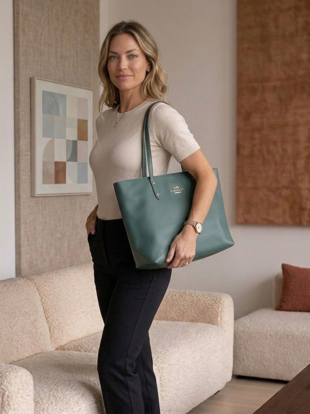 COACH Tote Green Pebbled Leather Handbag Shoulder Bag large